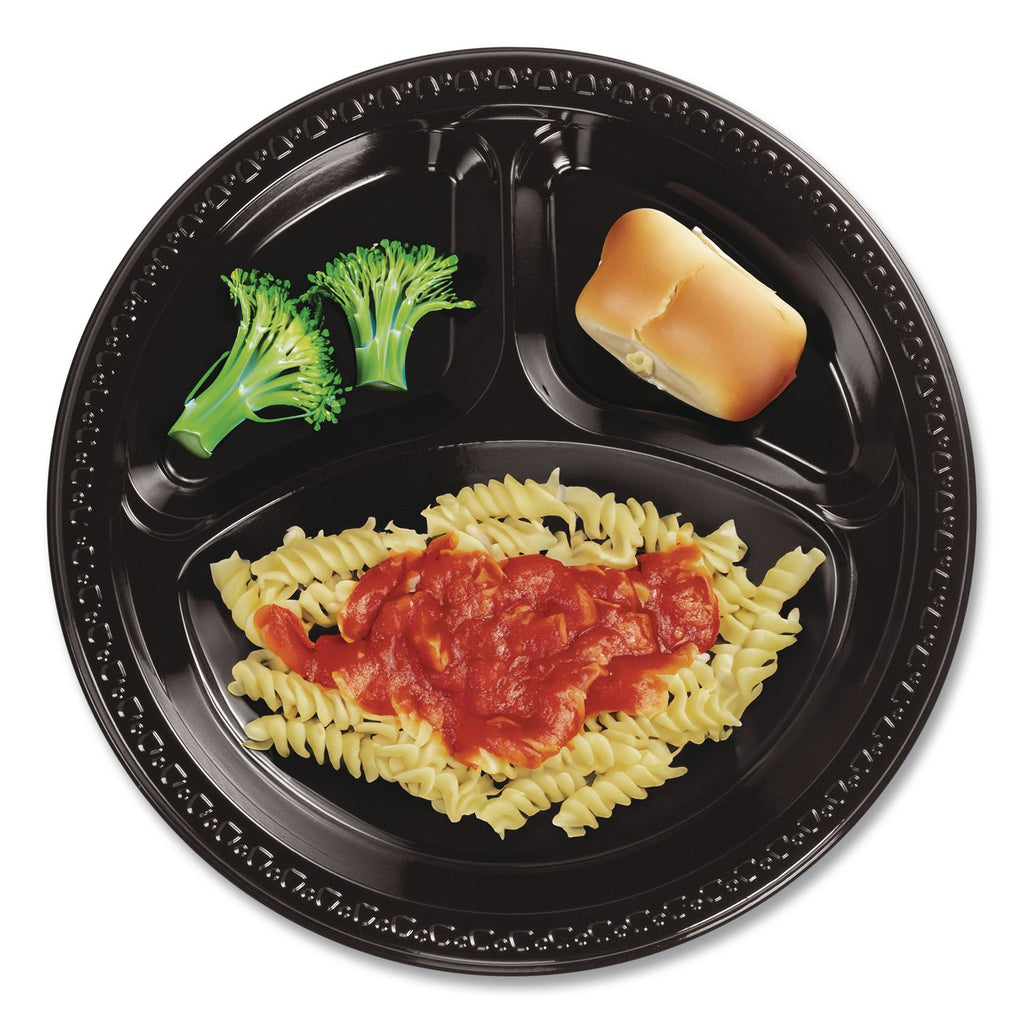 Heavyweight Plastic 3-Compartment Plates, 10.25" dia, Black, 125/Pack 4 Packs/Carton