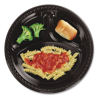 Heavyweight Plastic 3-Compartment Plates, 10.25" dia, Black, 125/Pack 4 Packs/Carton