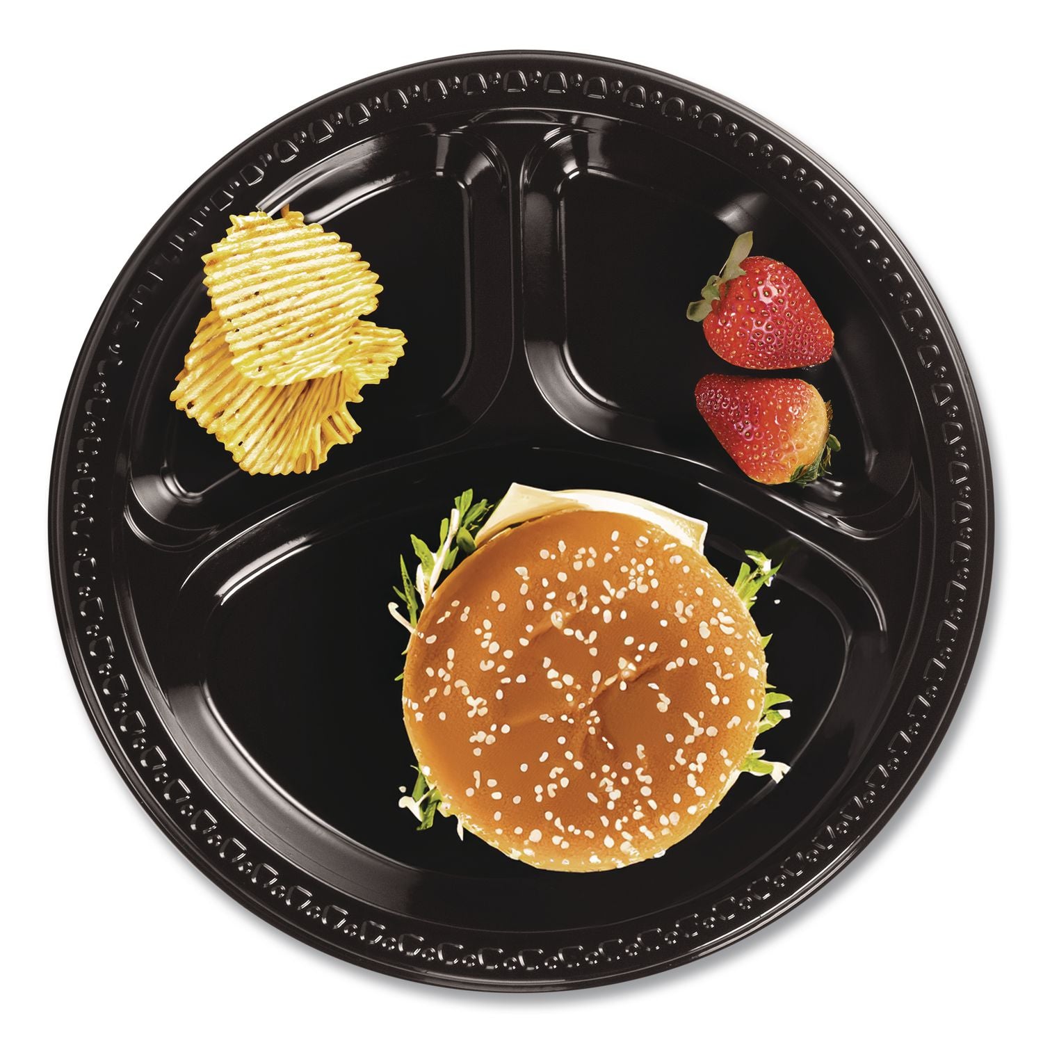 Heavyweight Plastic 3-Compartment Plates, 10.25" dia, Black, 125/Pack 4 Packs/Carton