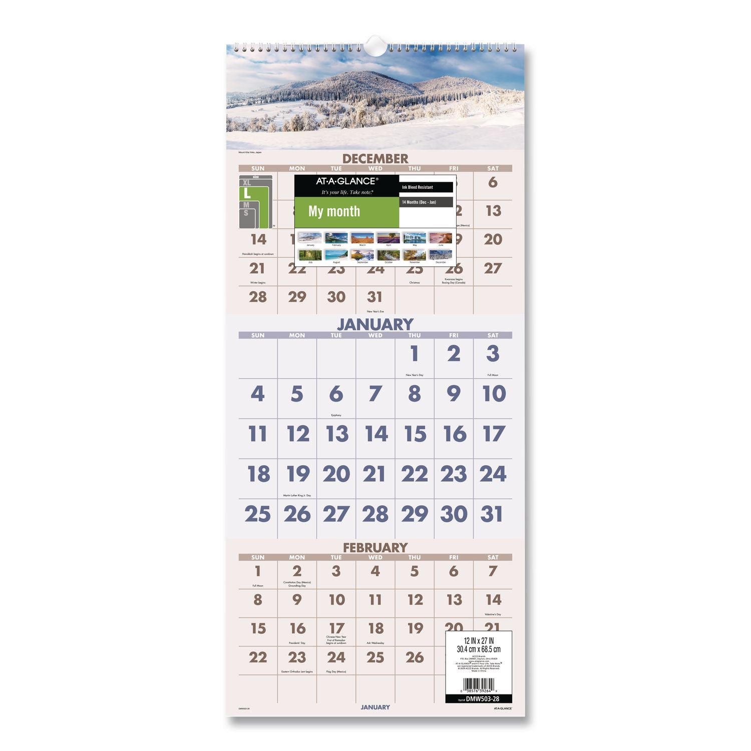 Scenic Three-Month Wall Calendar, Scenic Landscape Photography, 12 x 27, White Sheets, 14-Month (Dec to Jan): 2023 to 2025