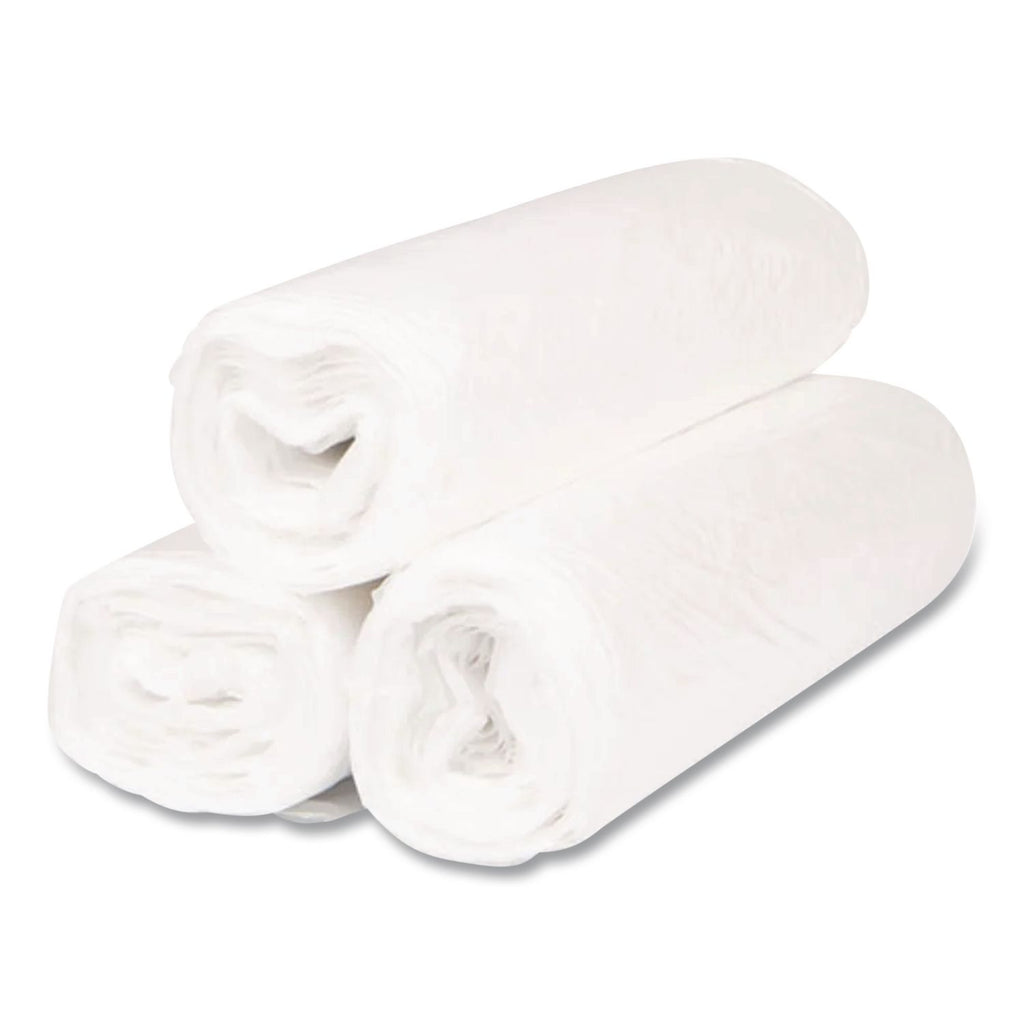 Low-Density Commercial Can Liners, Coreless Interleaved Roll, 45 gal, 0.8 mil, 40" x 46", White, 25 Bags/Roll, 4 Rolls/Carton