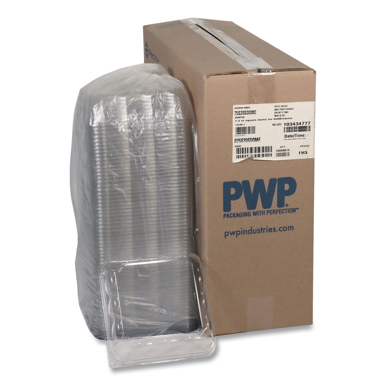Recycled Container Lid, Dome Lid for 6 x 6 Brownie Container, 7.5 x 7.5 x 2.02, Clear, Plastic, 195/Carton