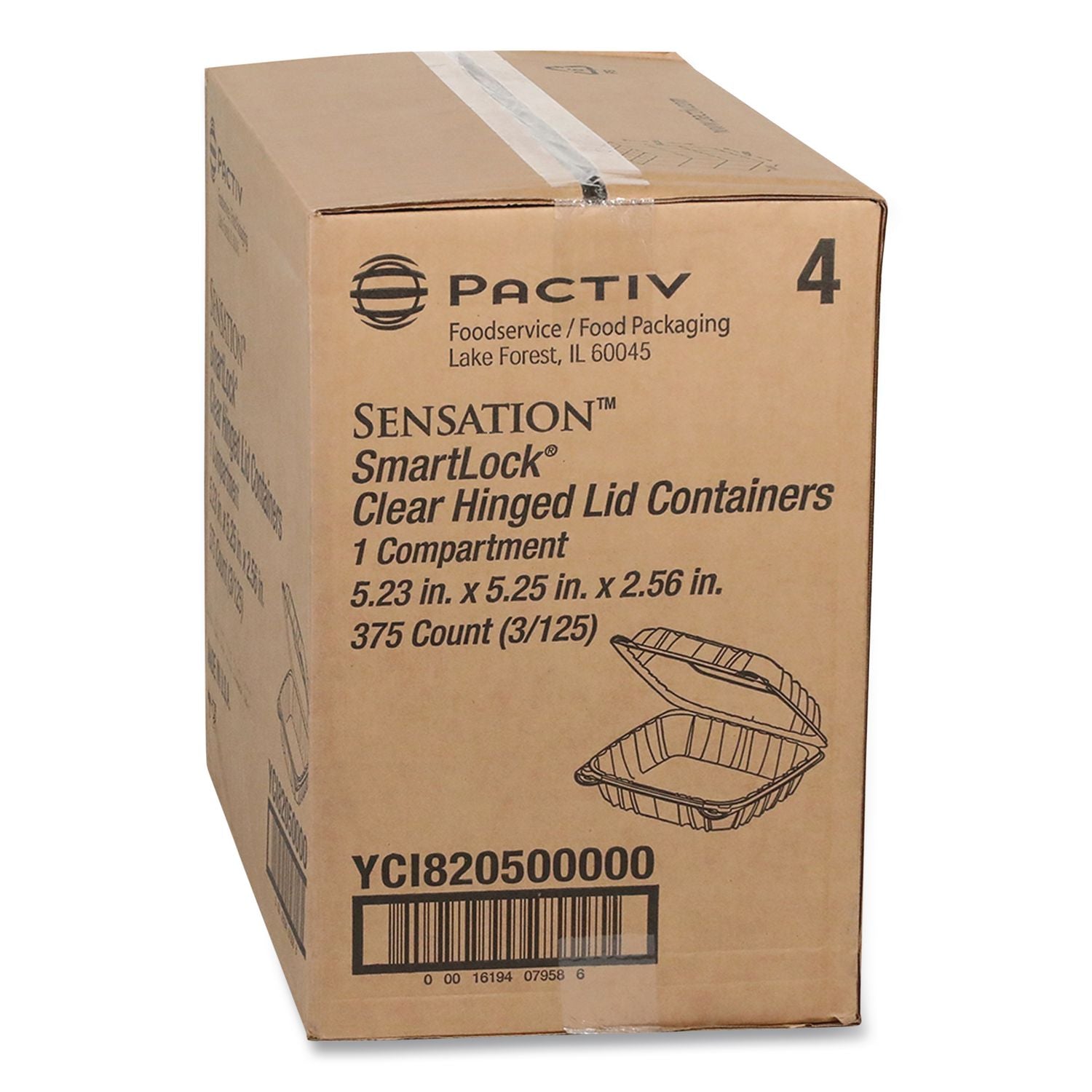 SENSATION SmartLock Hinged Lid Container, 5.24 x 5.25 x 2.57, Clear, Plastic, 375/Carton
