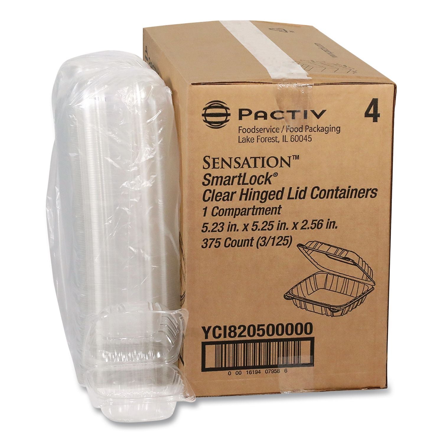 SENSATION SmartLock Hinged Lid Container, 5.24 x 5.25 x 2.57, Clear, Plastic, 375/Carton