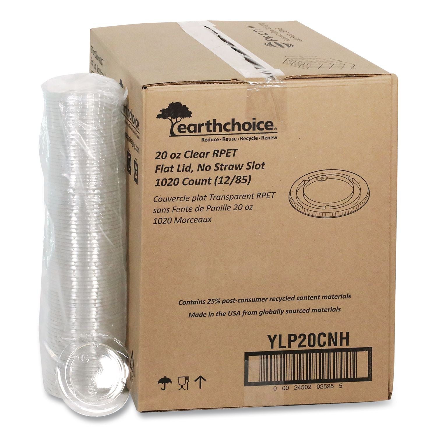 EarthChoice Strawless RPET Lid, Flat Lid, Fits 9 oz to 20 oz "A" Cups, Clear 1,020/Carton