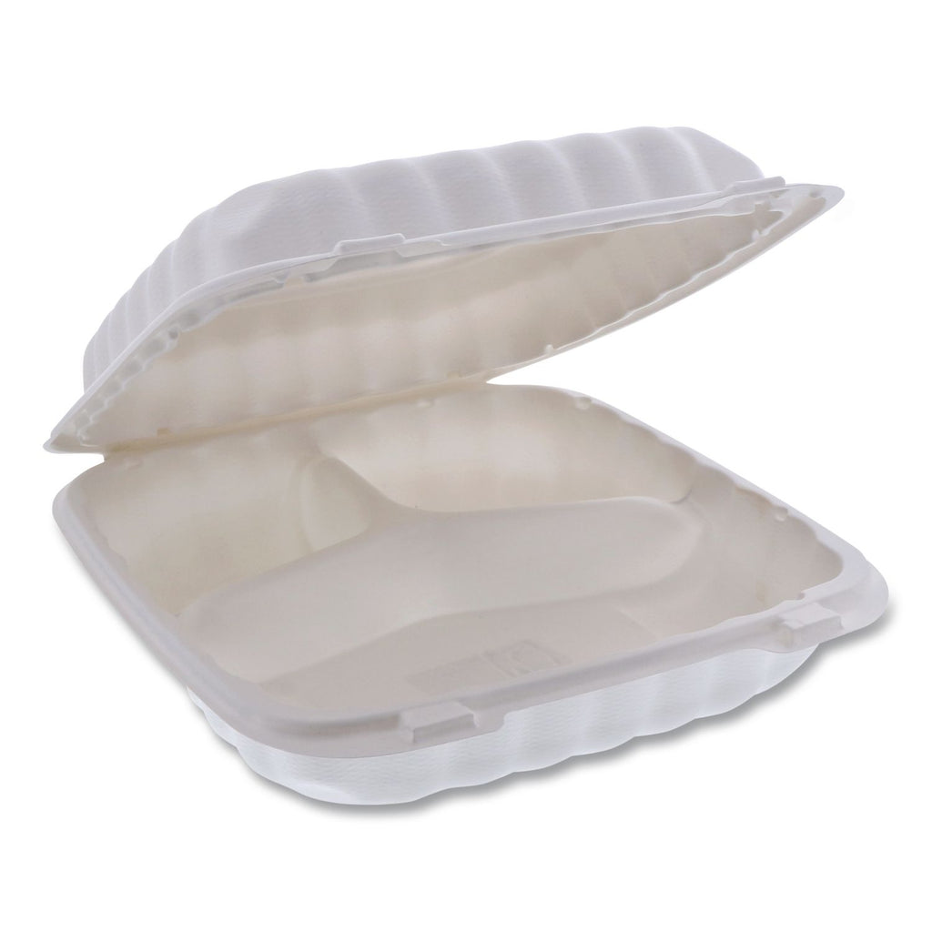 EarthChoice SmartLock Microwavable MFPP Hinged Lid Container, 3-Compartment, 9 x 9 x 3.1, White, Plastic, 120/Carton
