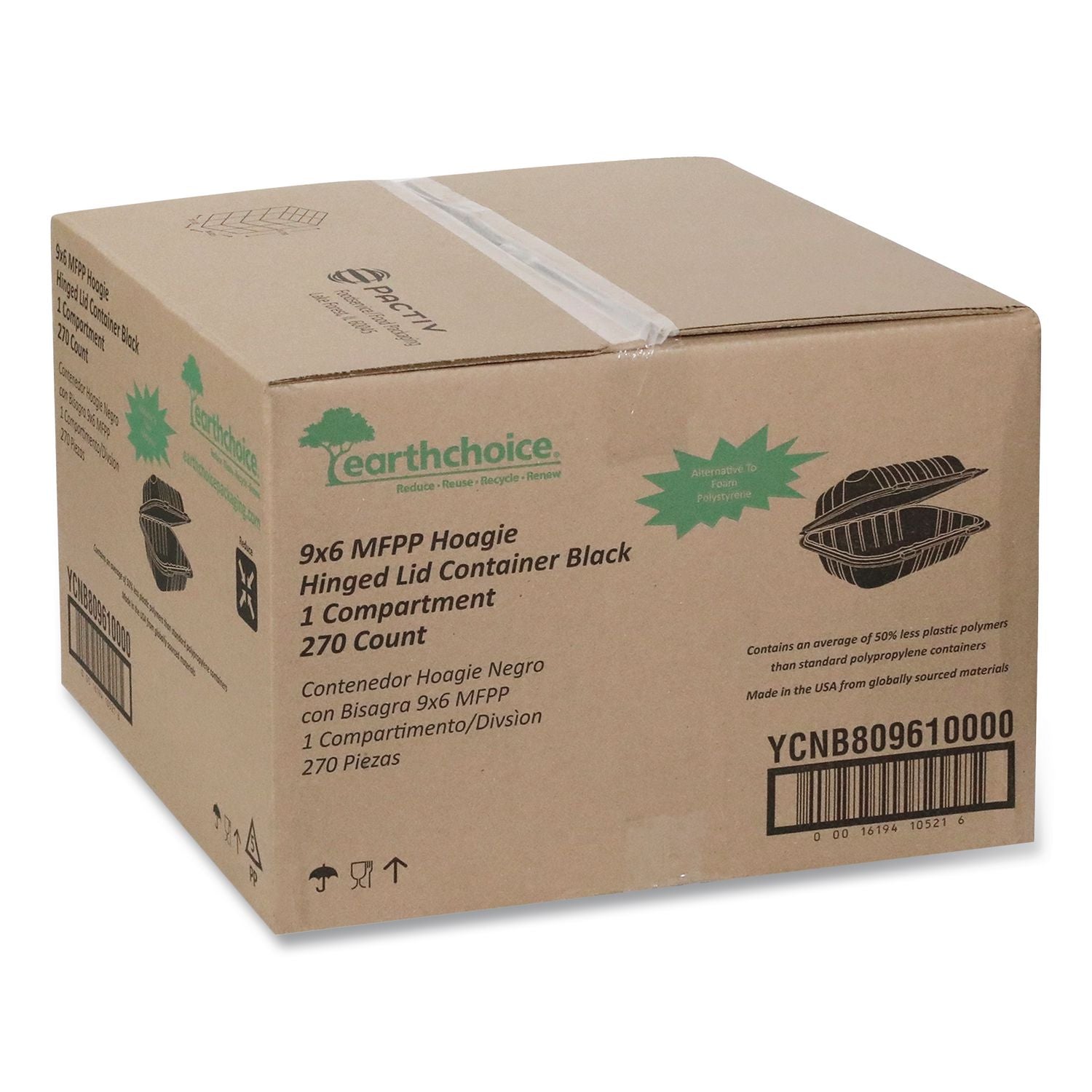 EarthChoice SmartLock Microwavable MFPP Hinged Lid Container, 9 x 6 x 3.25, Black, Plastic, 270/Carton