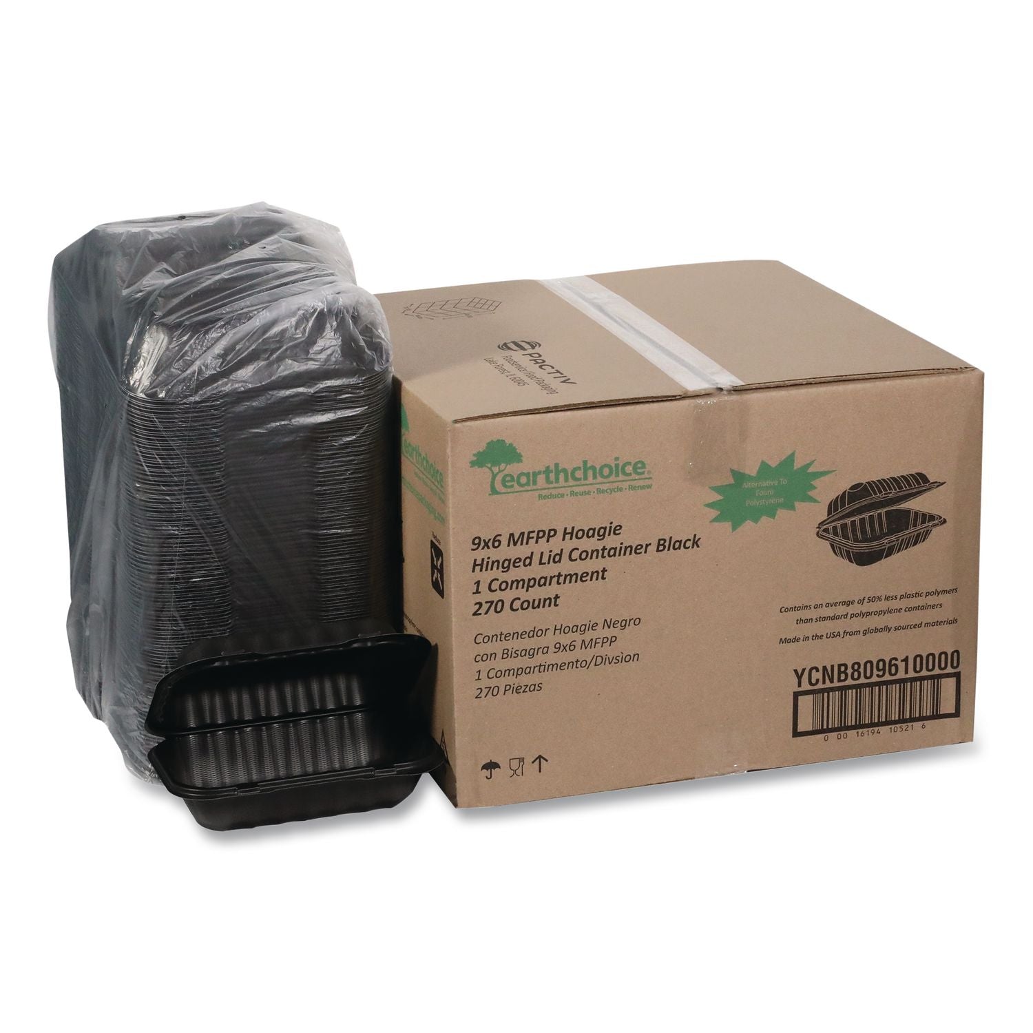 EarthChoice SmartLock Microwavable MFPP Hinged Lid Container, 9 x 6 x 3.25, Black, Plastic, 270/Carton