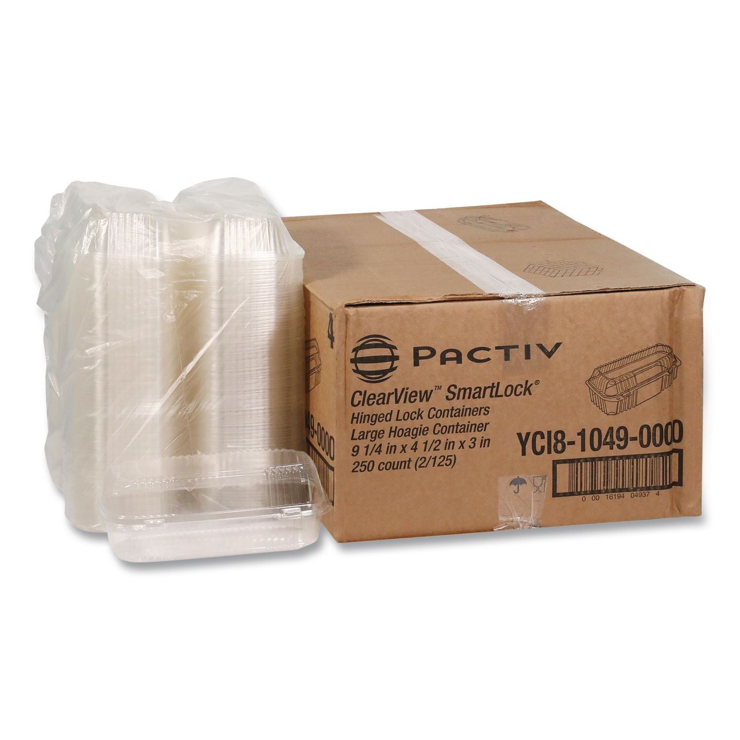 ClearView SmartLock Hinged Lid Container, Hoagie Container, 27 oz, 9.25 x 4.5 x 3, Clear, Plastic, 250/Carton