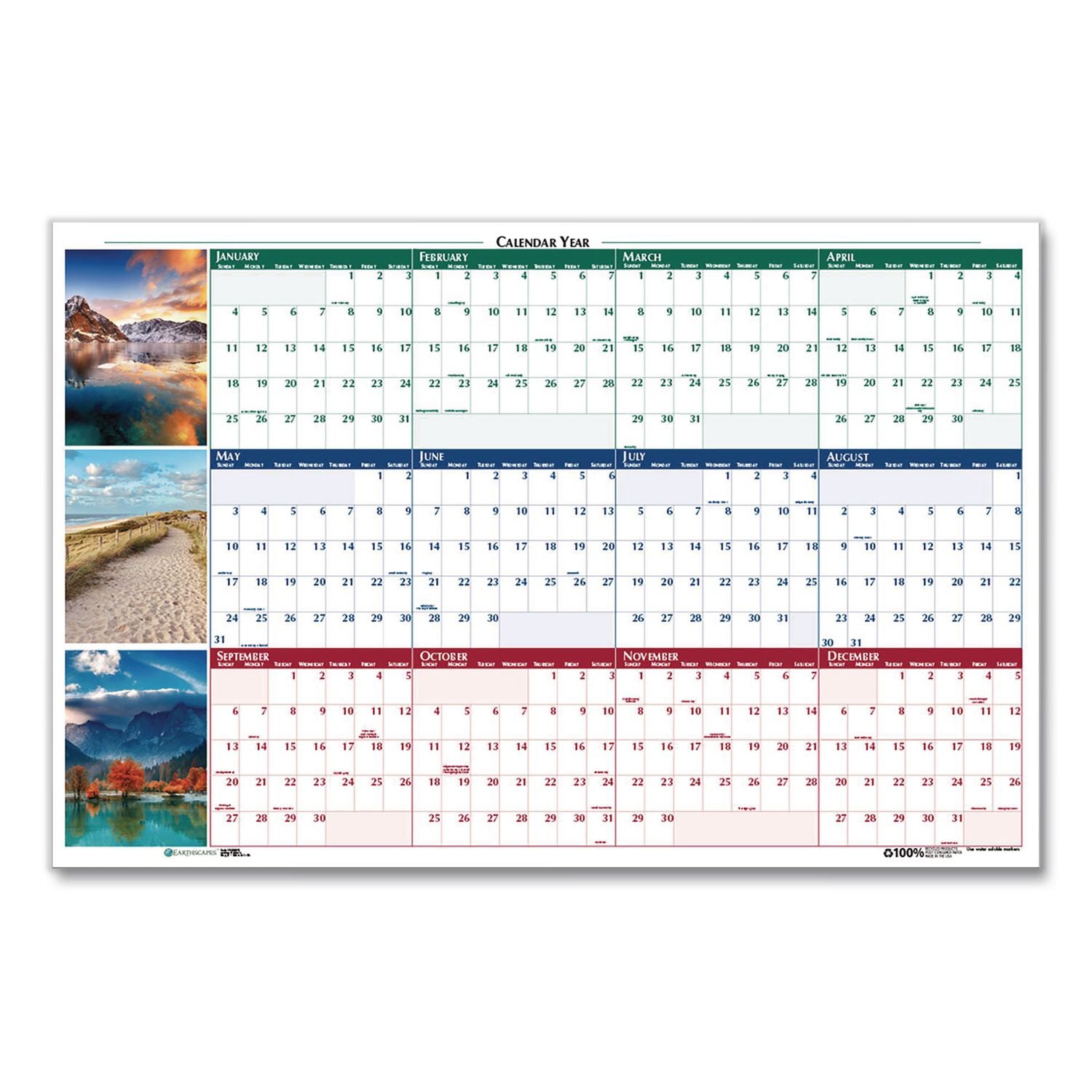 Earthscapes Recycled Reversible/Erasable Yearly Wall Calendar, Nature Photos, 24 x 37, White Sheets, 12-Month (Jan-Dec): 2024