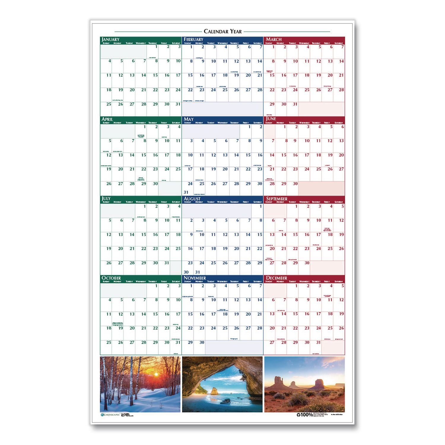 Earthscapes Recycled Reversible/Erasable Yearly Wall Calendar, Nature Photos, 24 x 37, White Sheets, 12-Month (Jan-Dec): 2024