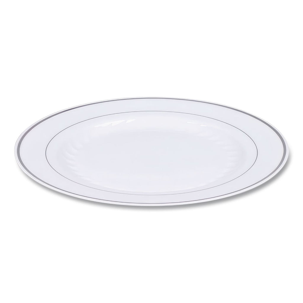 Masterpiece Plastic Plates, 10.25" dia, White with Silver Accents, Round, 10/Pack, 12 Packs/Carton
