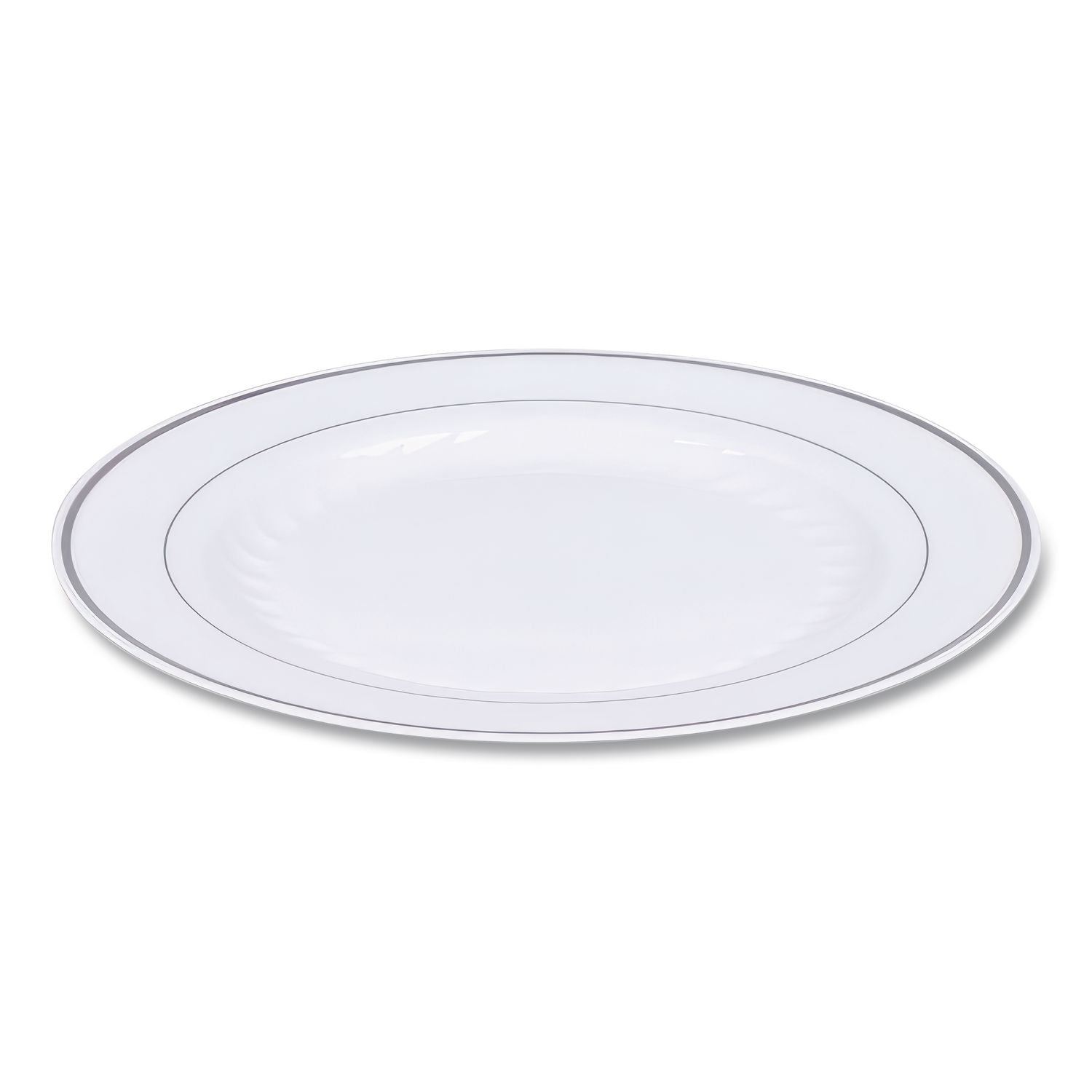 Masterpiece Plastic Plates, 10.25" dia, White with Silver Accents, Round, 10/Pack, 12 Packs/Carton