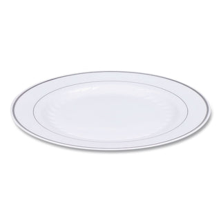 Masterpiece Plastic Plates, 10.25" dia, White with Silver Accents, Round, 10/Pack, 12 Packs/Carton