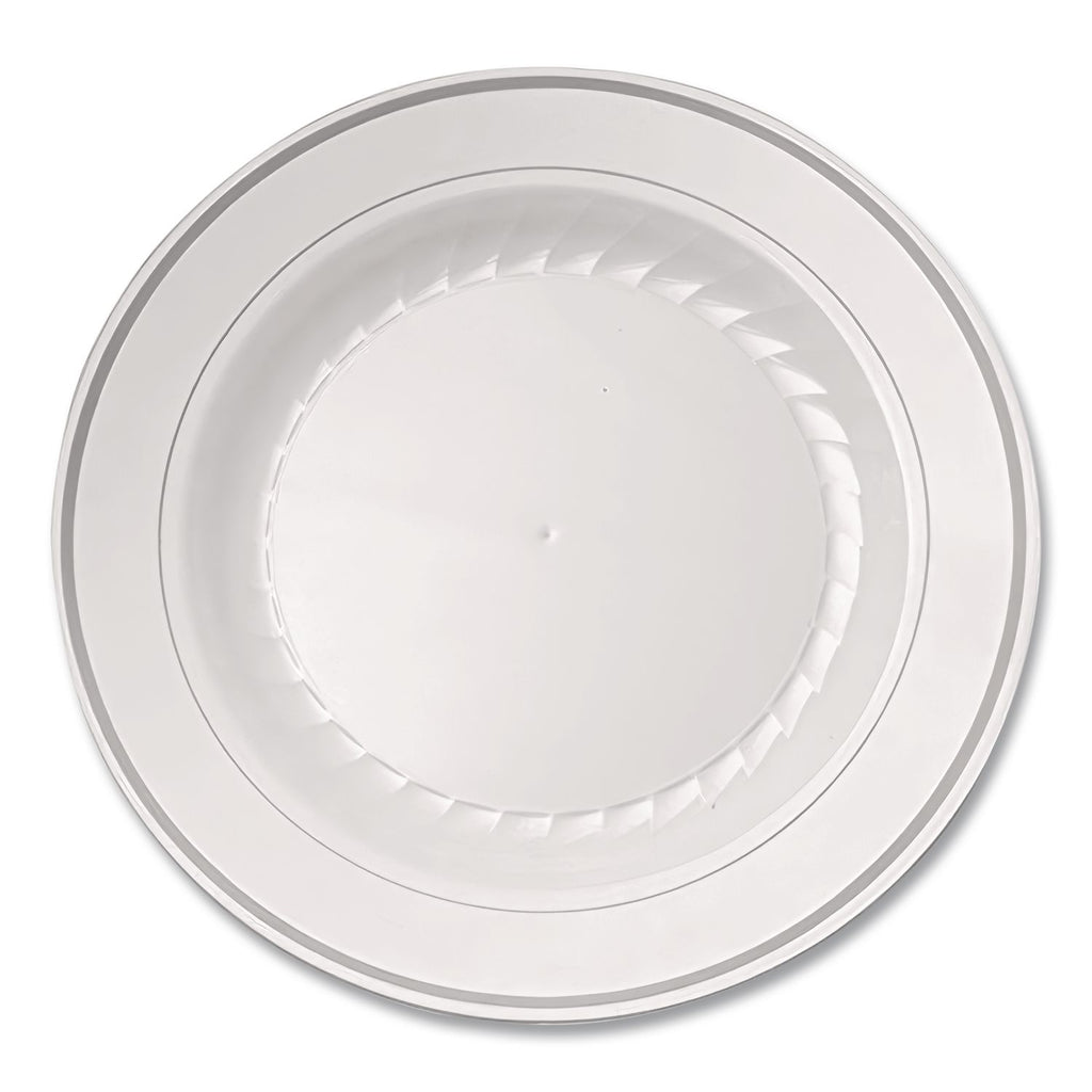 Masterpiece Plastic Plates, 10.25" dia, White with Silver Accents, Round, 10/Pack, 12 Packs/Carton