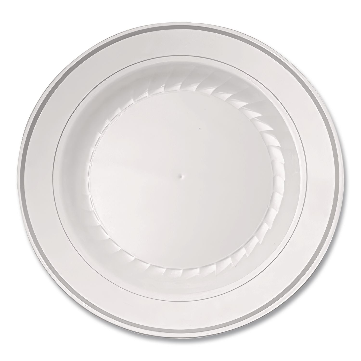 Masterpiece Plastic Plates, 10.25" dia, White with Silver Accents, Round, 10/Pack, 12 Packs/Carton