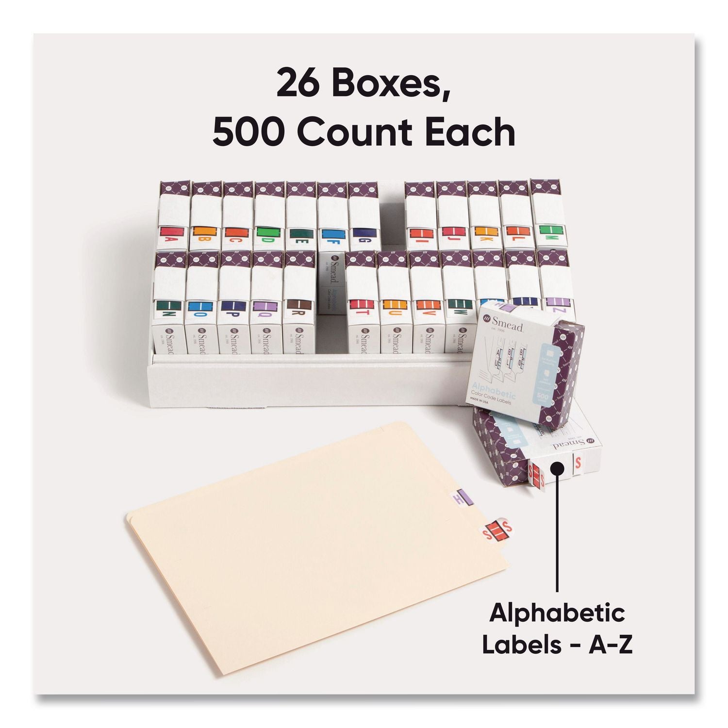 A-Z Color-Coded End Tab Filing Labels, A-Z, 1 x 1.25, White, 500/Roll, 26 Rolls/Box