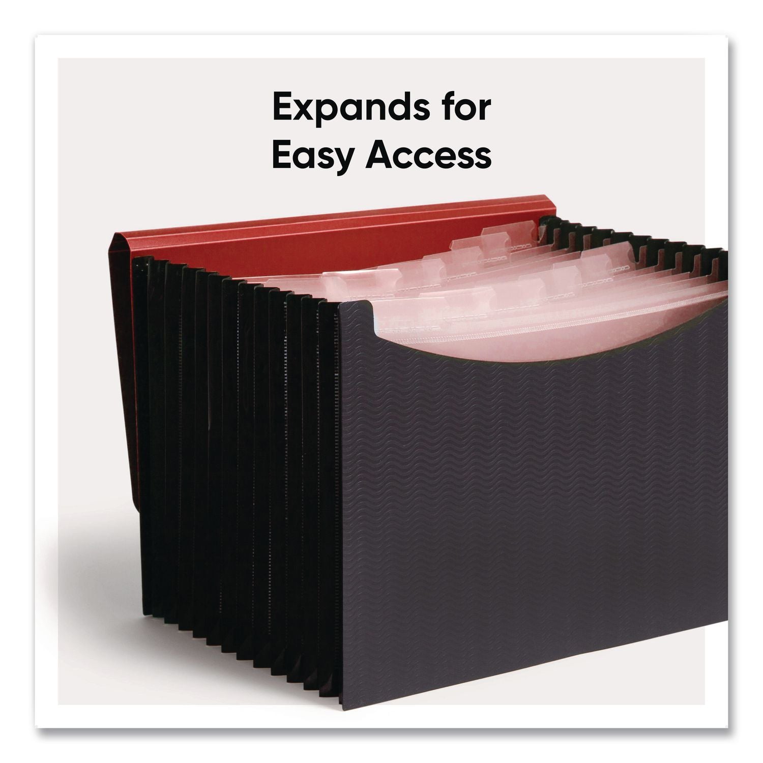 12-Pocket Poly Expanding File, 0.88" Expansion, 12 Sections, Cord/Hook Closure, 1/6-Cut Tabs, Letter Size, Black/Red