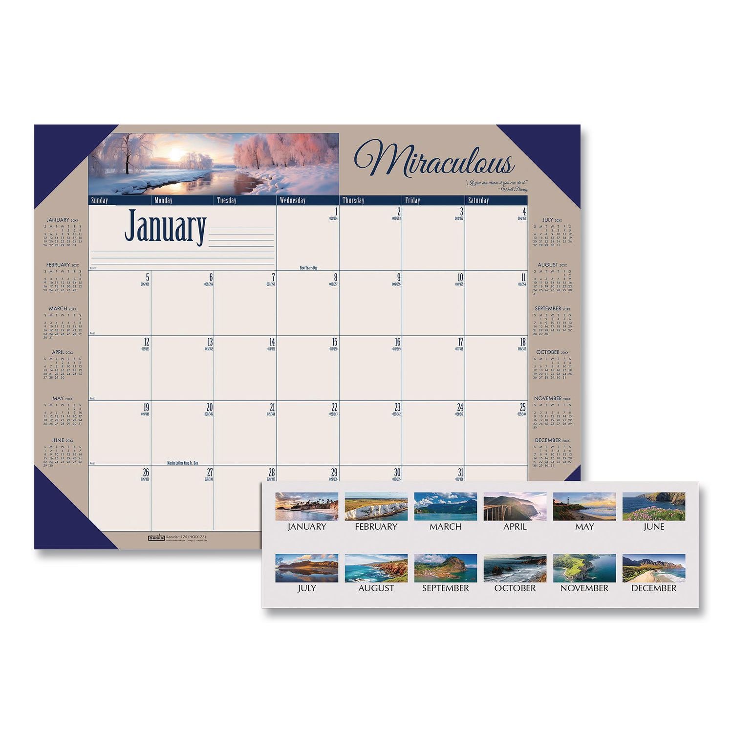 Earthscapes Recycled Monthly Desk Pad Calendar, Motivational Photos, 22 x 17, Blue Binding/Corners, 12-Month (Jan-Dec): 2024