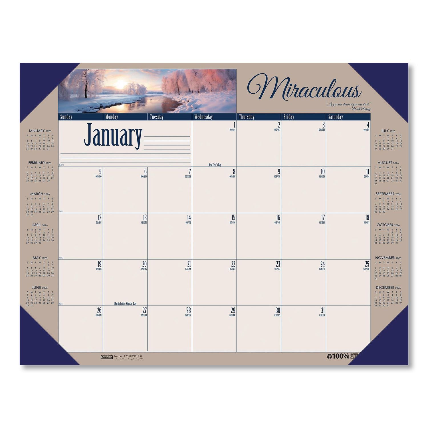 Earthscapes Recycled Monthly Desk Pad Calendar, Motivational Photos, 22 x 17, Blue Binding/Corners, 12-Month (Jan-Dec): 2024