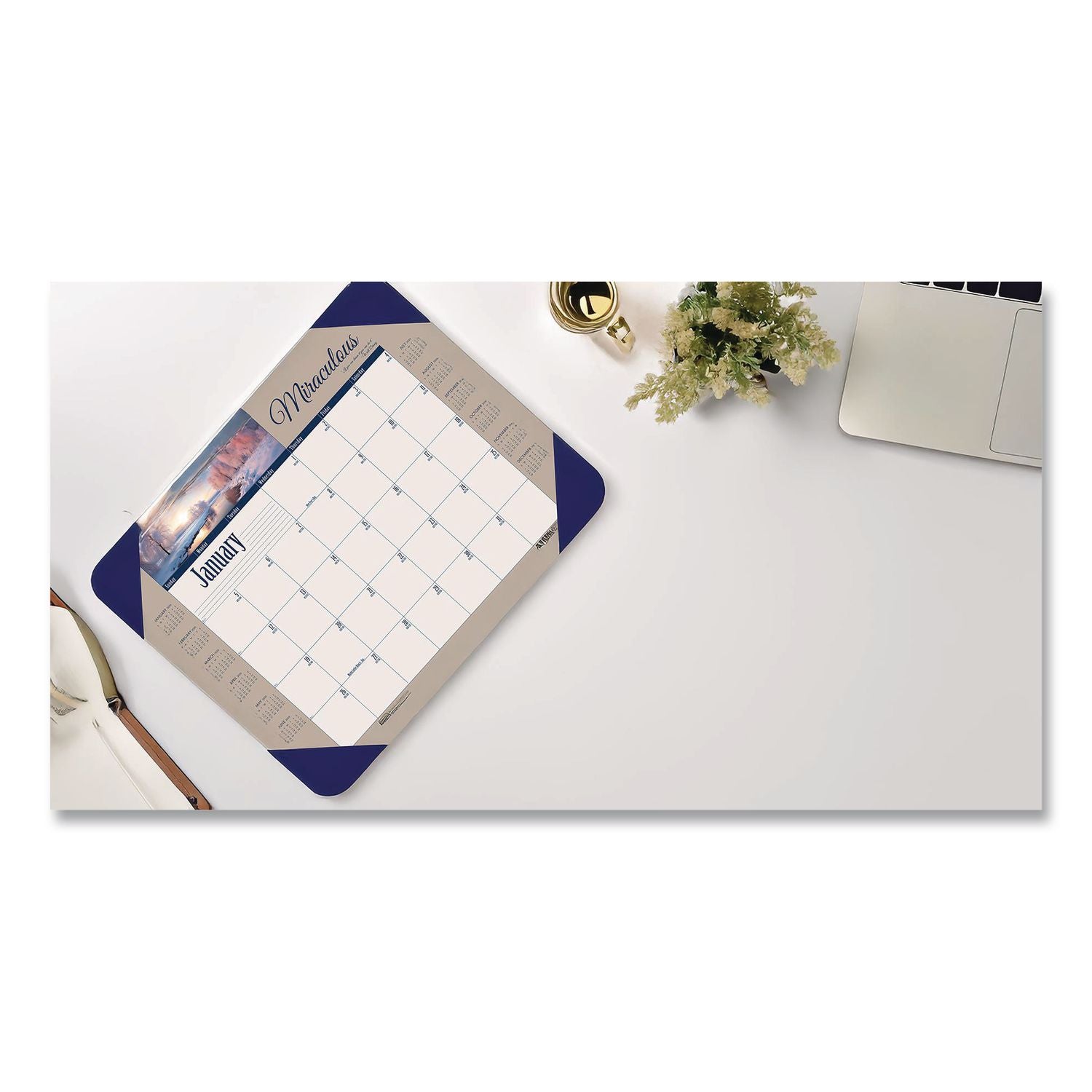 Earthscapes Recycled Monthly Desk Pad Calendar, Motivational Photos, 22 x 17, Blue Binding/Corners, 12-Month (Jan-Dec): 2024