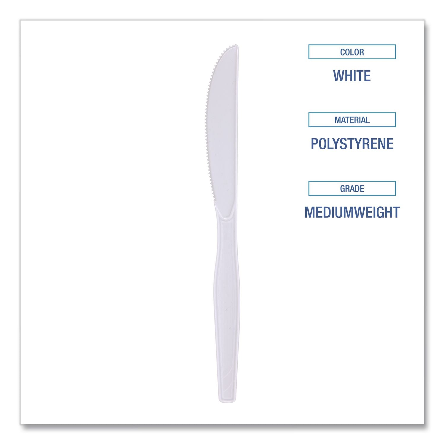 Mediumweight Polystyrene Cutlery, Knife, White, 100/Box