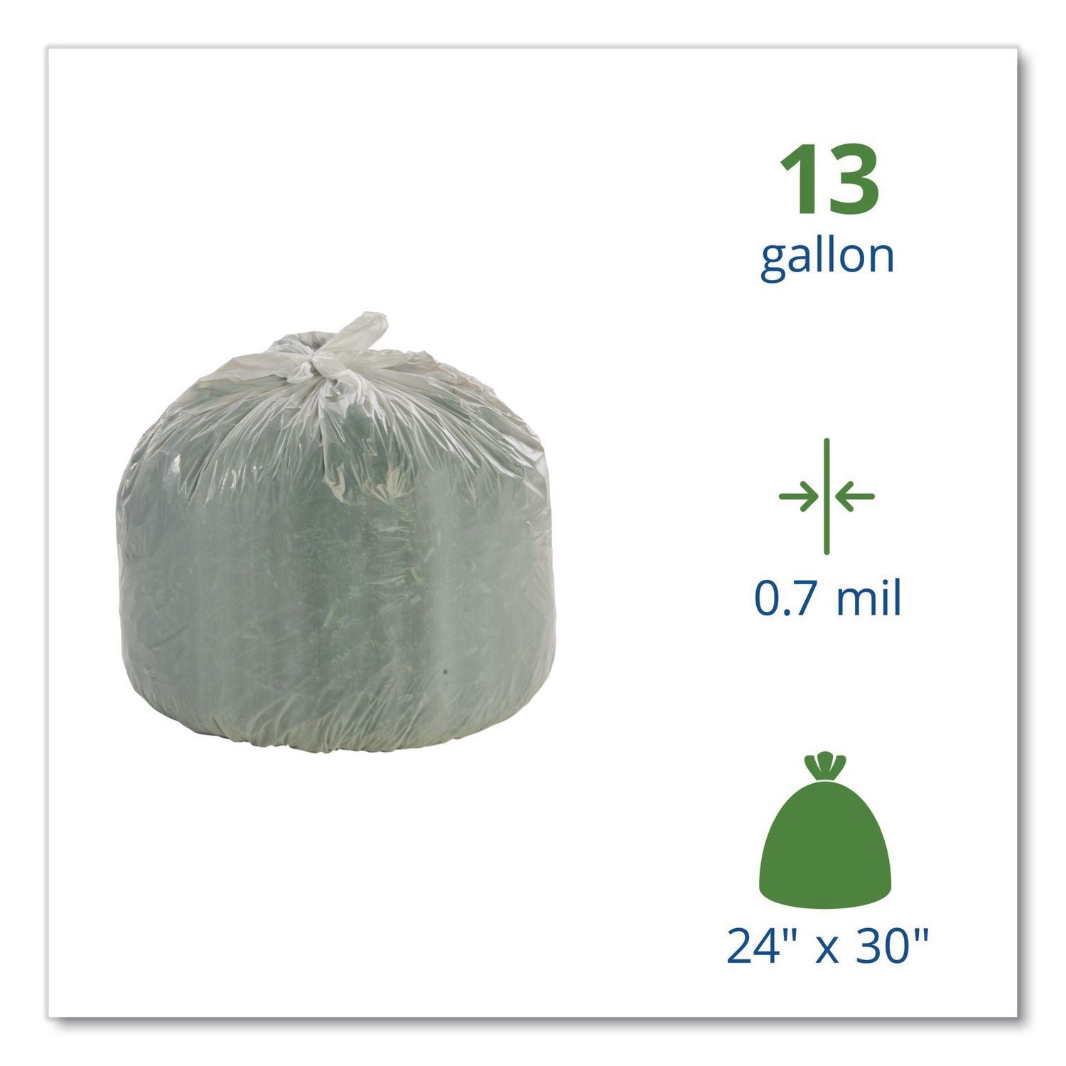 Controlled Life-Cycle Plastic Trash Bags, 13 gal, 0.7 mil, 24" x 30", White, 120/Box