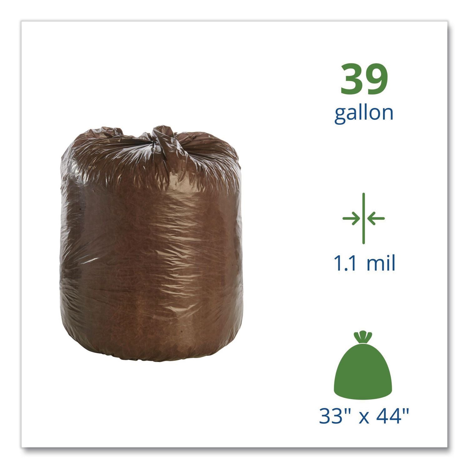 Controlled Life-Cycle Plastic Trash Bags, 39 gal, 1.1 mil, 33" x 44", Brown, 40/Box