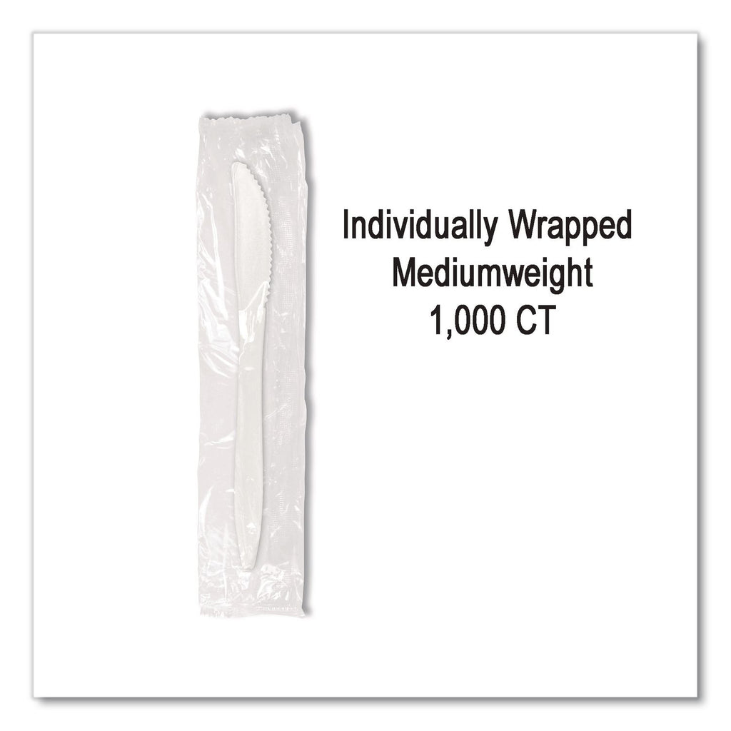 Individually Wrapped Mediumweight Cutlery, Knives, White, 1,000/Carton