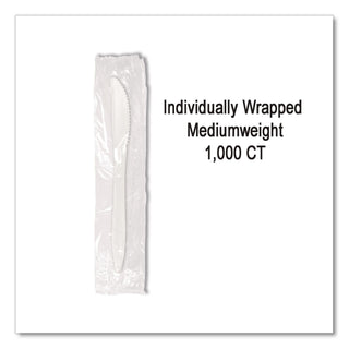 Individually Wrapped Mediumweight Cutlery, Knives, White, 1,000/Carton