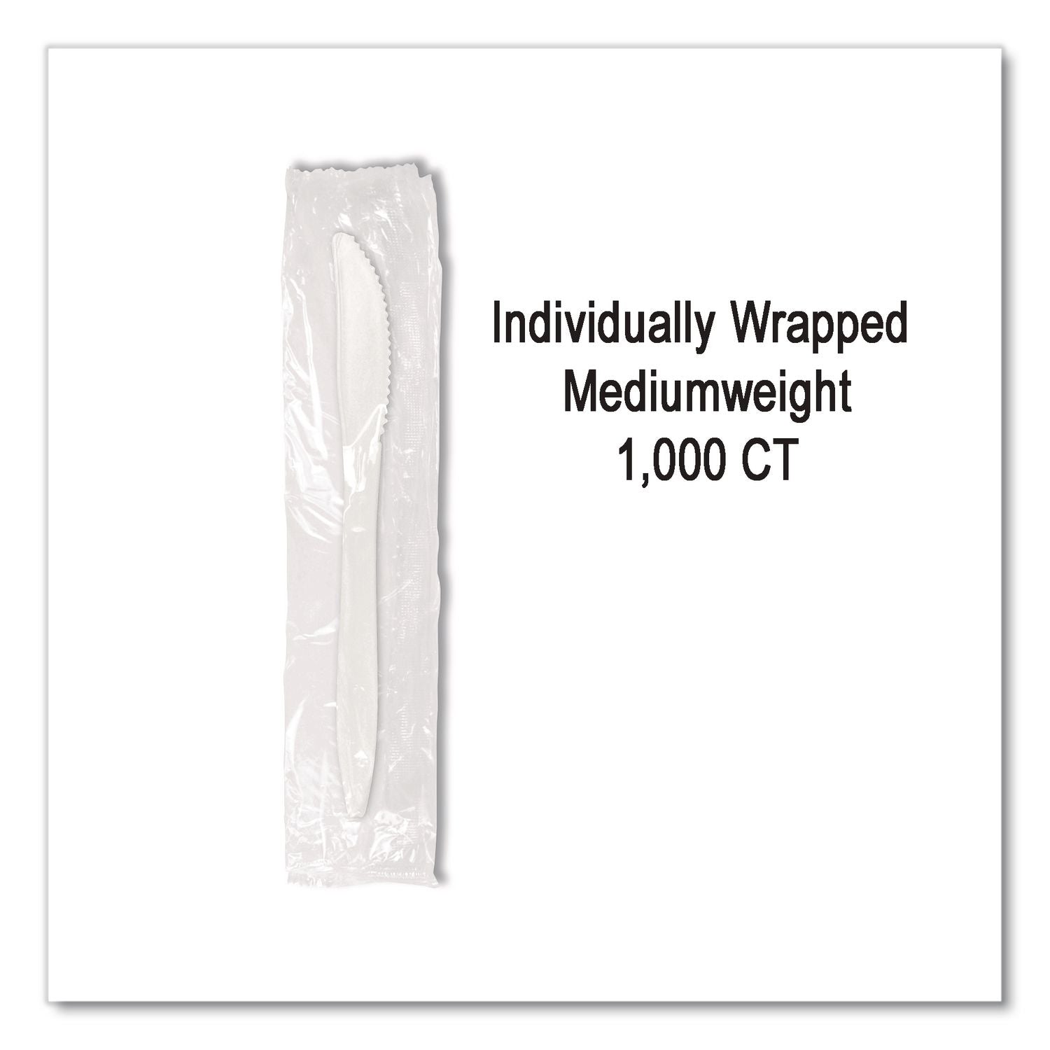 Individually Wrapped Mediumweight Cutlery, Knives, White, 1,000/Carton