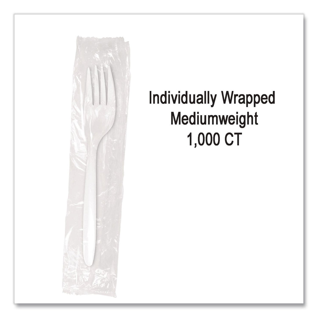 Individually Wrapped Mediumweight Cutlery, Forks, White, 1,000/Carton