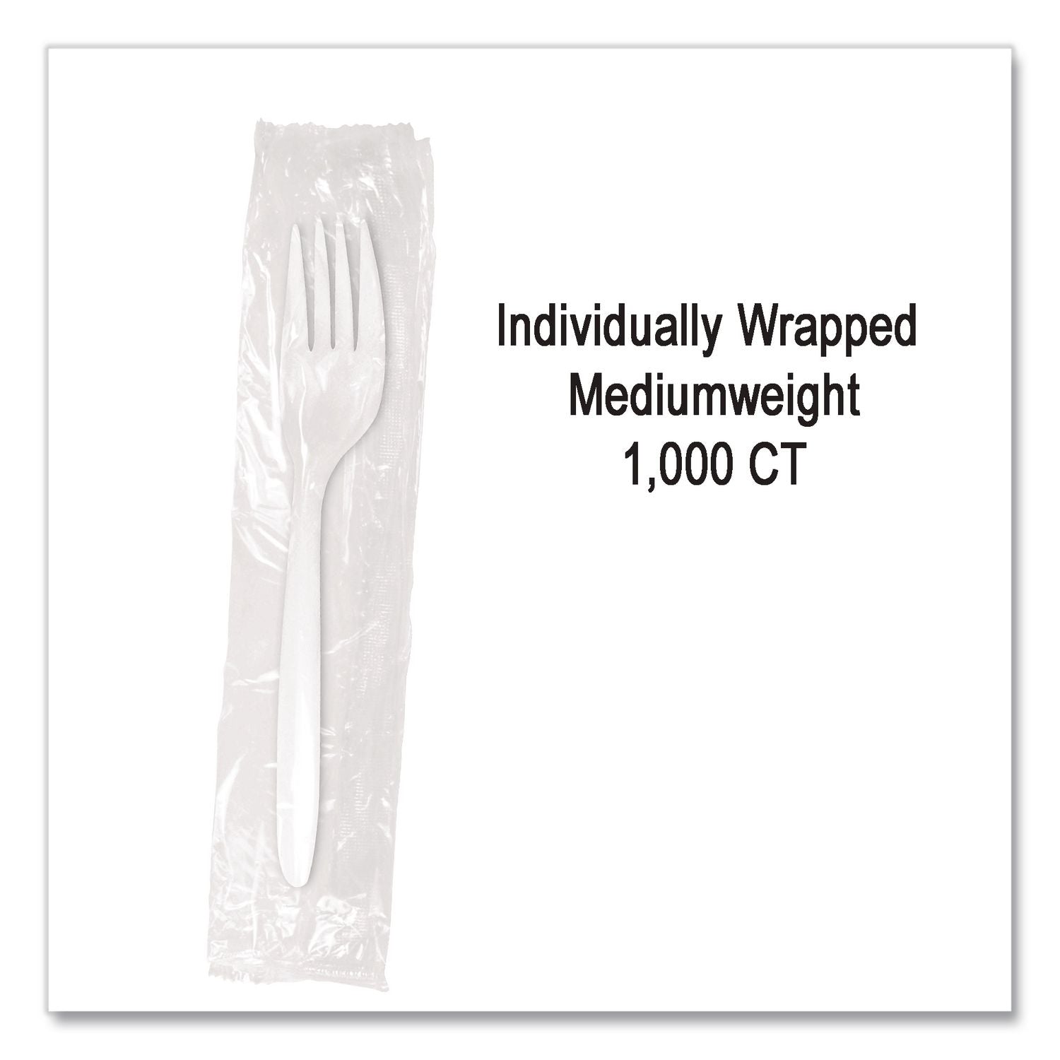 Individually Wrapped Mediumweight Cutlery, Forks, White, 1,000/Carton