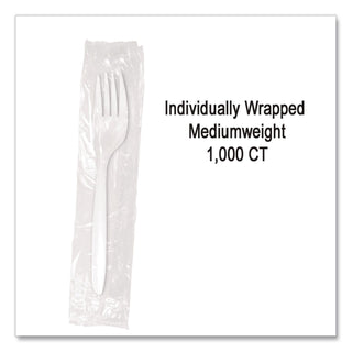 Individually Wrapped Mediumweight Cutlery, Forks, White, 1,000/Carton
