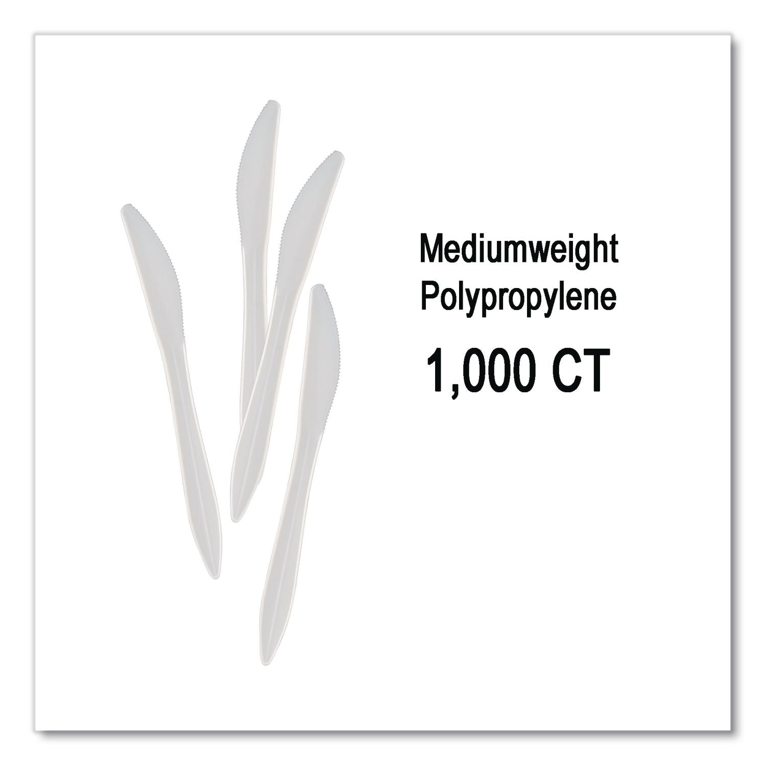 Mediumweight Polypropylene Cutlery, Knife, White, 1,000/Carton