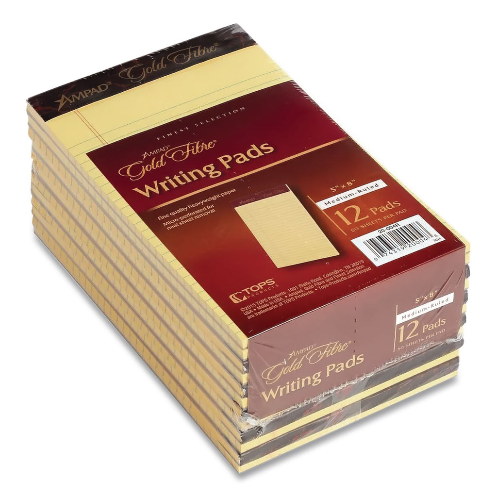 Gold Fibre Quality Writing Pads, Medium/College Rule, 50 Canary-Yellow 5 x 8 Sheets, Dozen
