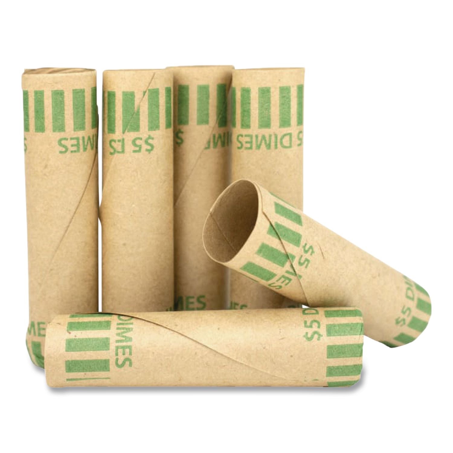 Gunshell Crimped-End Coin Wrapper, Dimes, $5.00, Kraft/Green, 1,000/Carton
