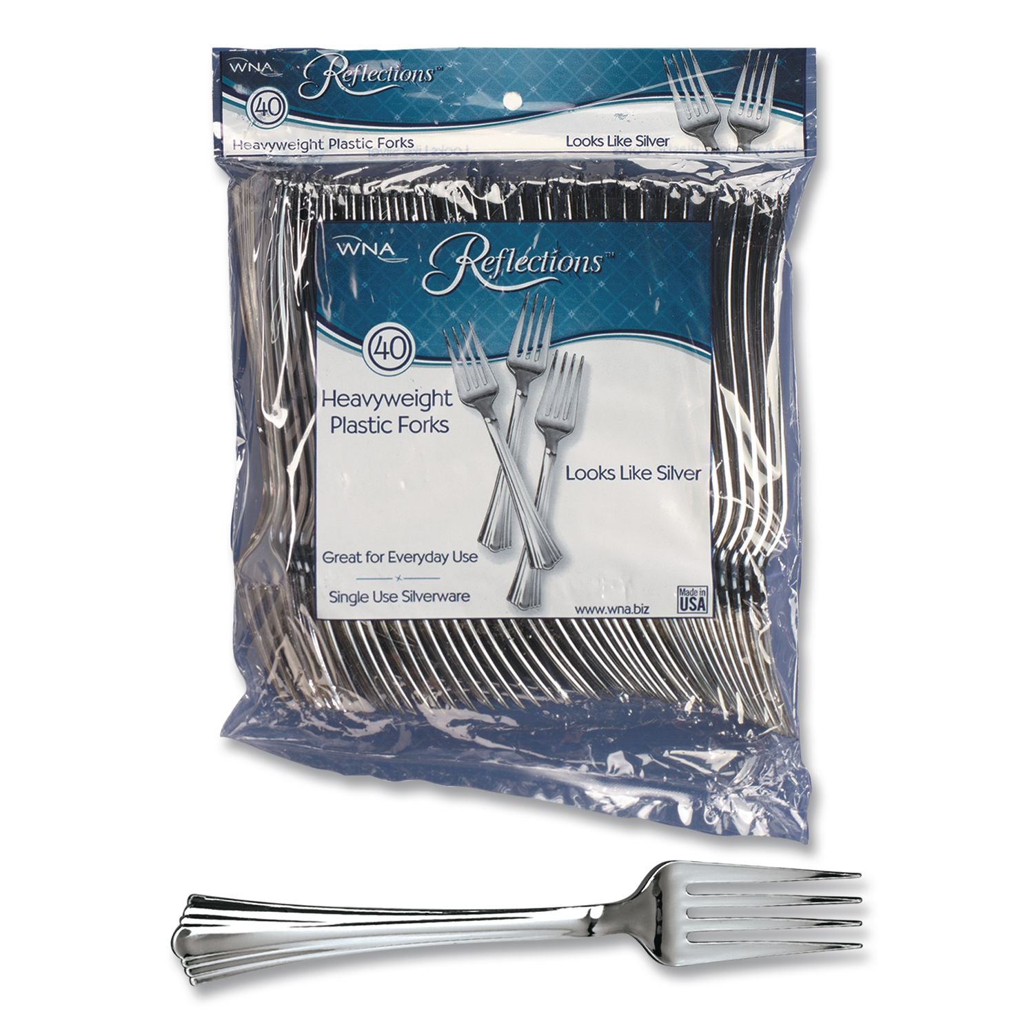 Reflections Heavyweight Plastic Utensils, Fork, Silver, 7", 40/Pack, 8 Packs/Carton