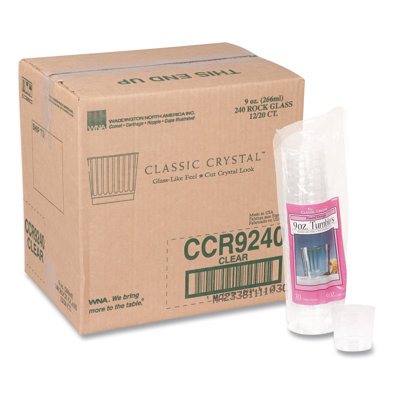 Classic Crystal Plastic Tumblers, 9 oz, Clear, Fluted, Rocks Squat, 20/Pack, 12 Packs/Carton