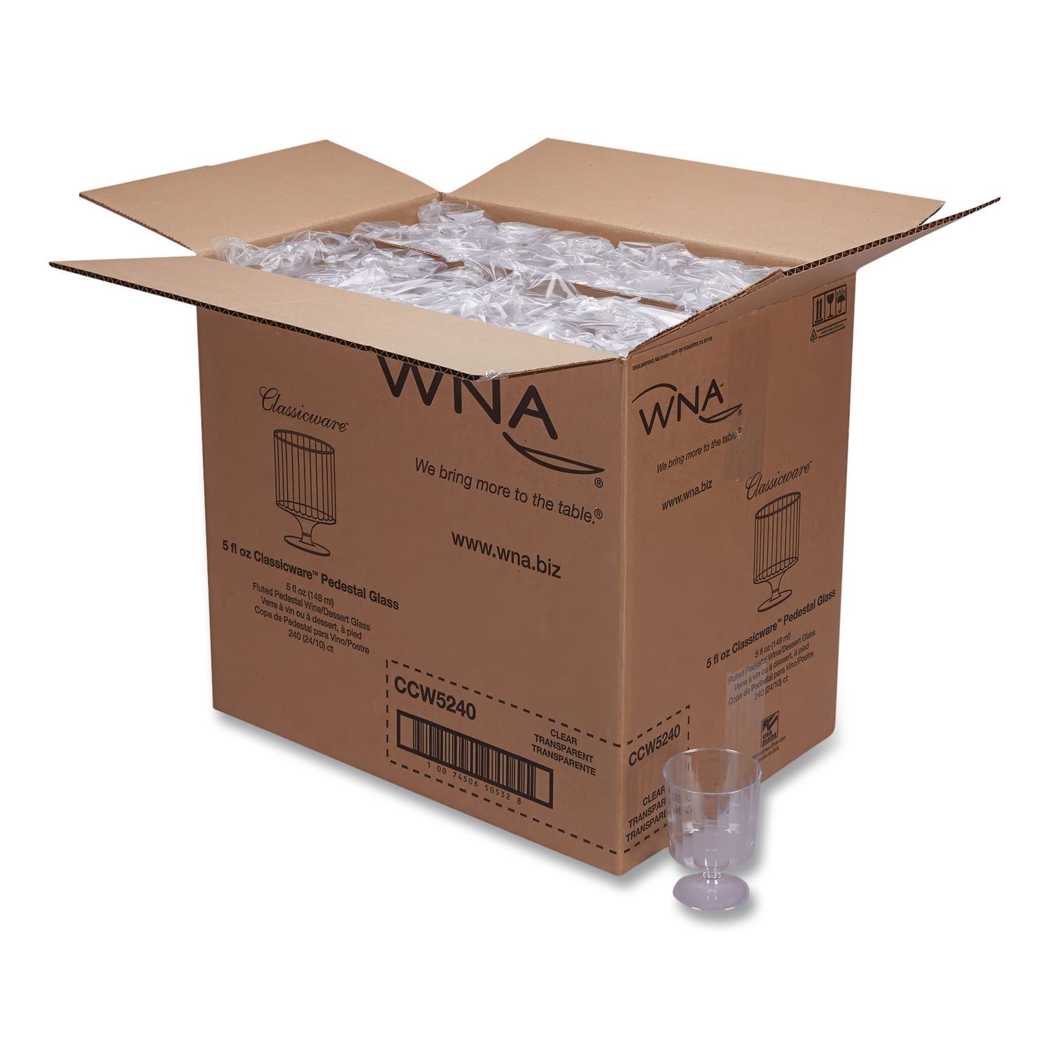 Classic Crystal Plastic Wine Glasses on Pedestals, 5 oz, Clear, Fluted, 10/Pack, 24 Packs/Carton