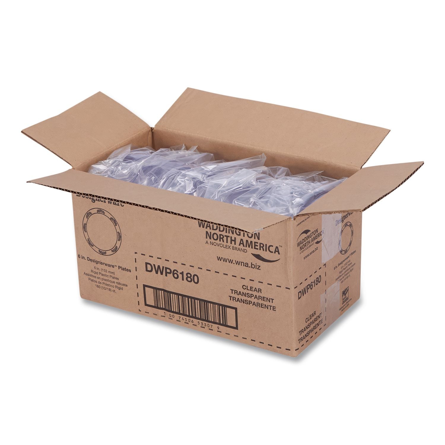 Designerware Plates, Plastic, 6" dia, Clear, 18/Pack, 10 Packs/Carton