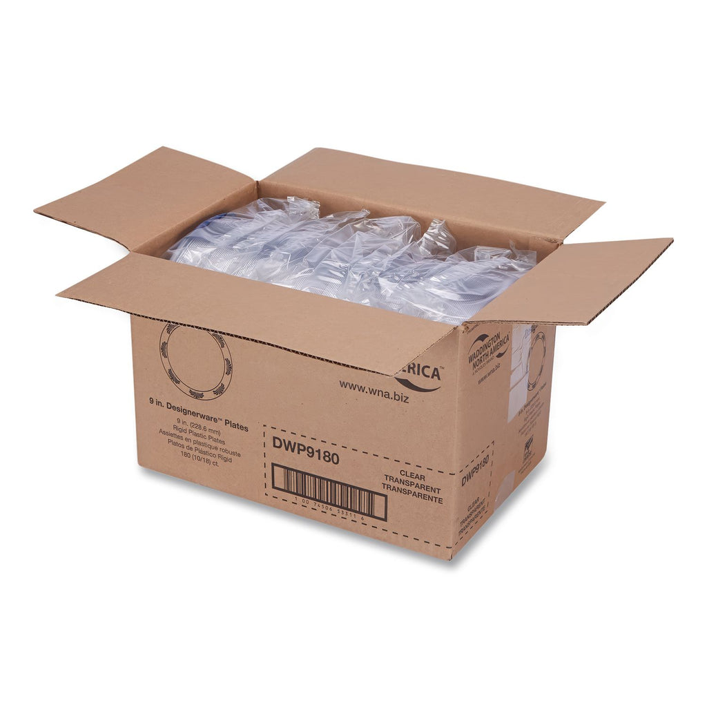 Designerware Plastic Plates, 9" dia, Clear, 10 Pack, 18 Packs/Carton