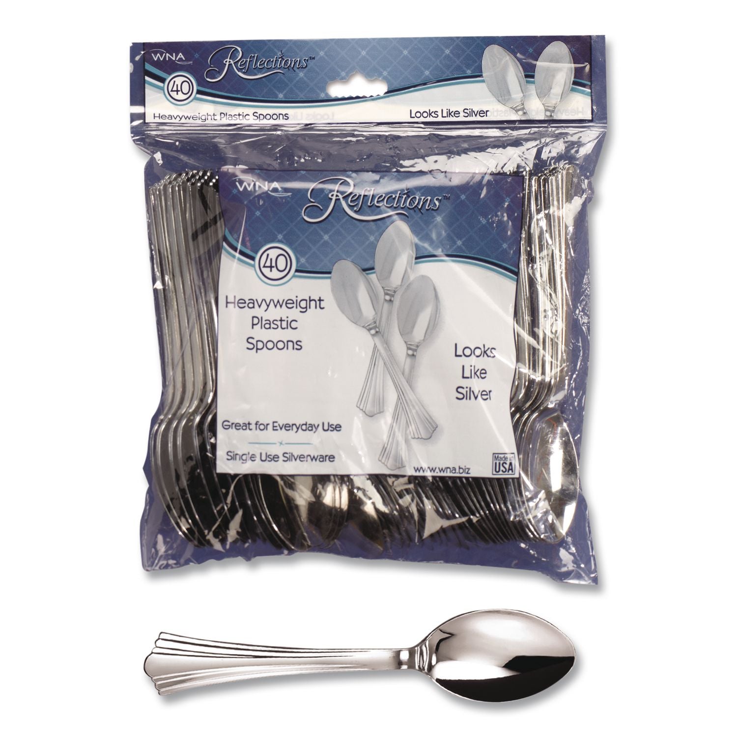 Reflections Heavyweight Plastic Utensils, Spoon, Silver, 6 1/4", 40/Pack