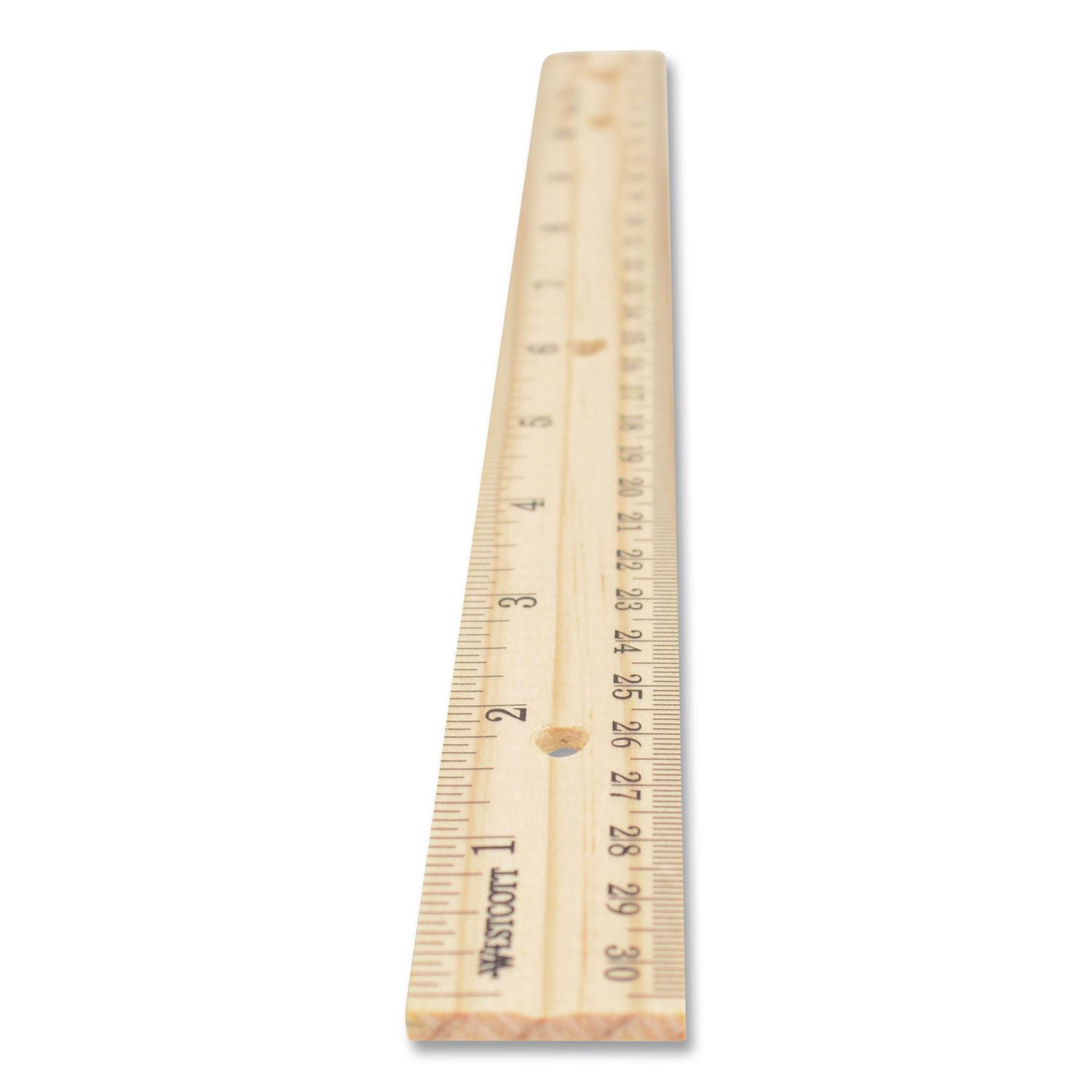 Three-Hole Punched Wood Ruler English and Metric With Metal Edge, 12" Long