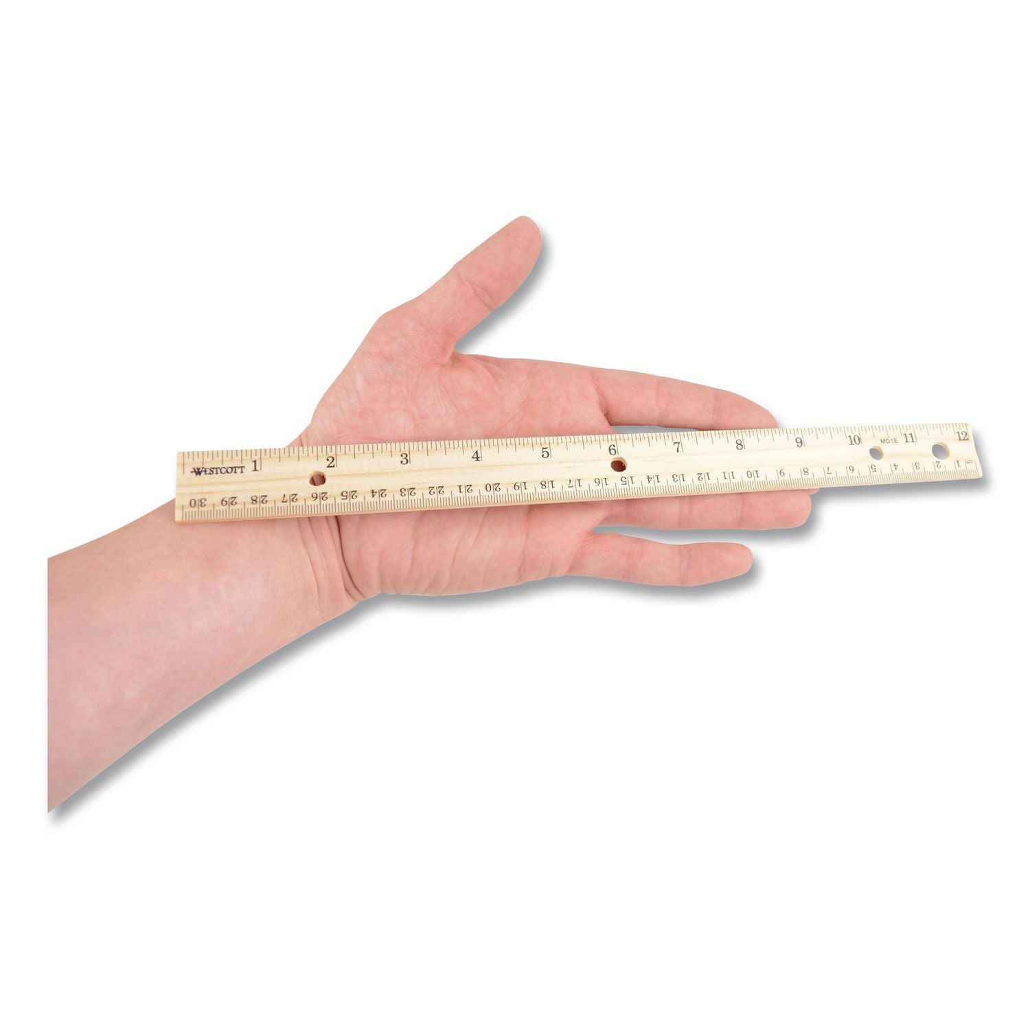 Three-Hole Punched Wood Ruler English and Metric With Metal Edge, 12" Long