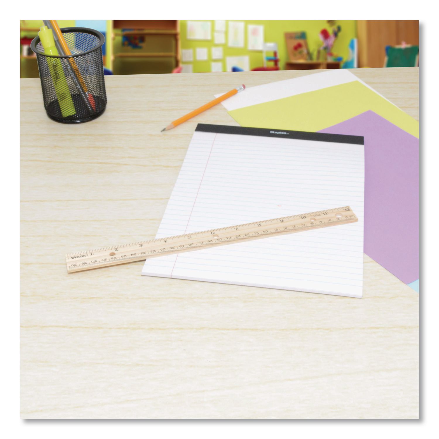 Three-Hole Punched Wood Ruler English and Metric With Metal Edge, 12" Long