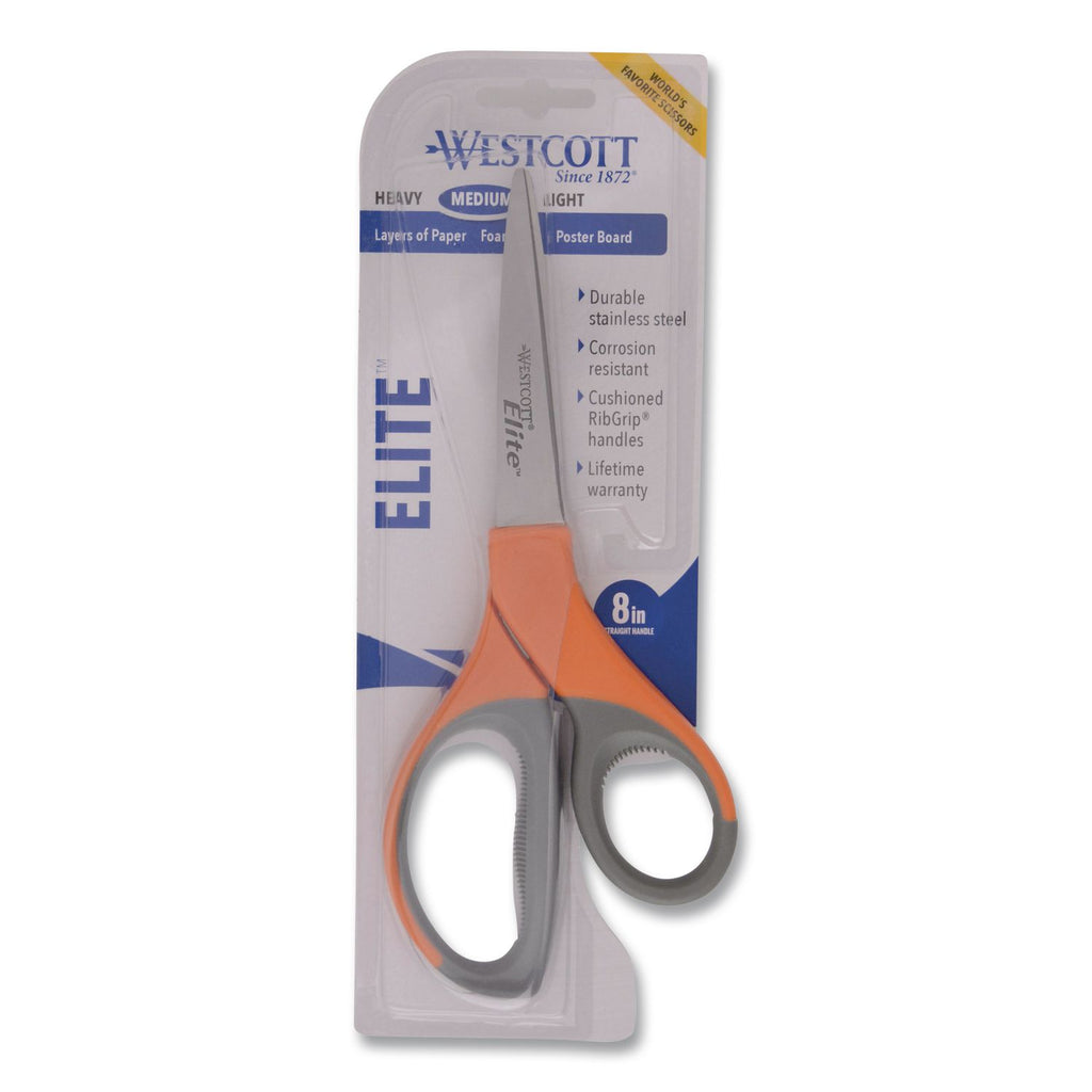 Elite Series Stainless Steel Shears, 8" Long, 3.5" Cut Length, Orange Straight Handle