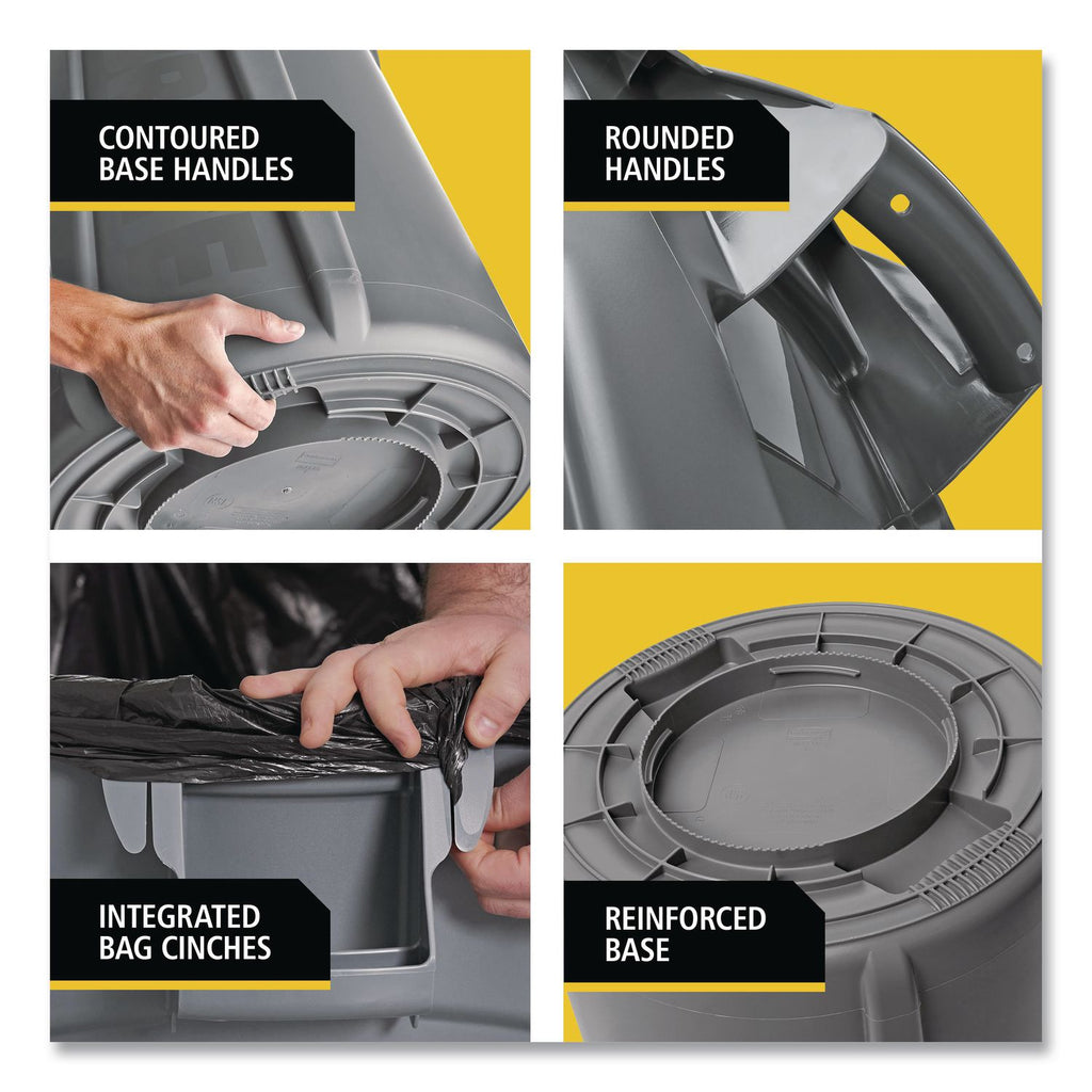 Vented Round Brute Container, 20 gal, Plastic, Gray