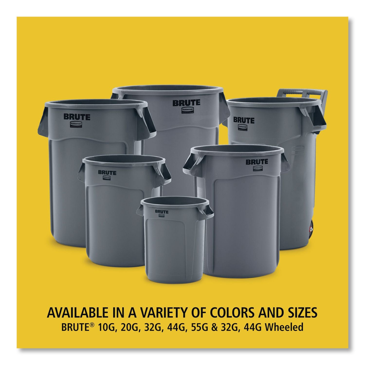 Vented Round Brute Container, 44 gal, Plastic, Yellow