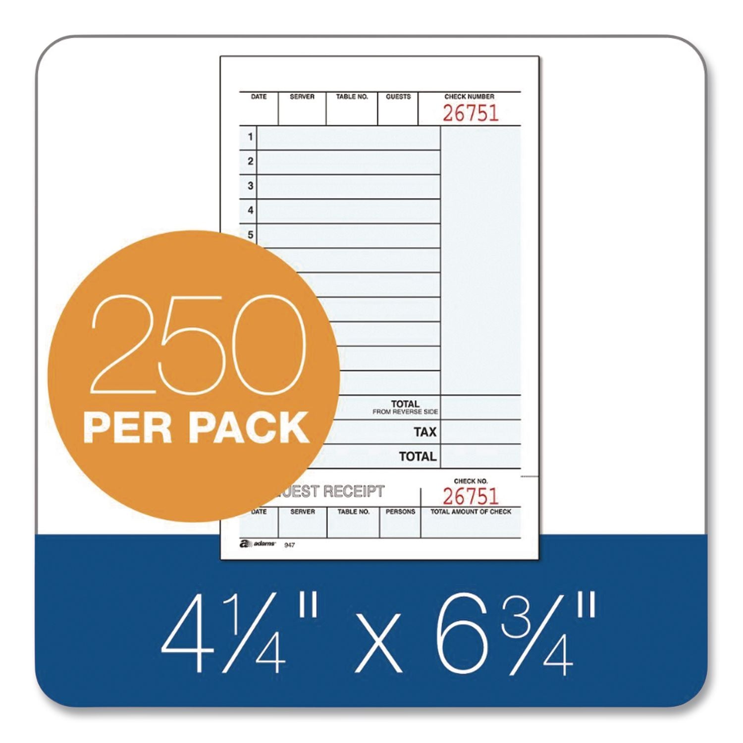 Guest Check Unit Set, Two-Part Carbonless, 6.75 x 4.25, 50 Forms/Pad, 5 Pads/Pack